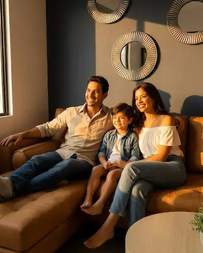 Familia conviviendo en la sala de la casa modelo