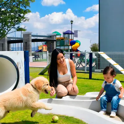 Zona de mascotas con perro jugando junto al área de juegos